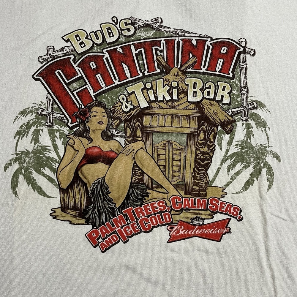 Vintage Budweiser Buds Cantina Tiki Bar T Shirt White‎ 2XL Delta Pro Weight